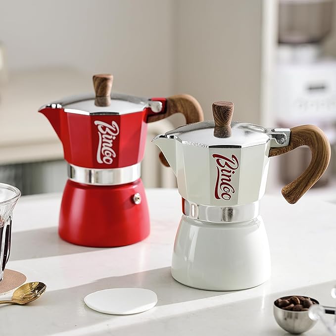 Bincoo Espresso Maker Stovetop, Moka Pot 3 Cups, Espresso Pot Classic Italian Coffee Maker,Single Safety Valve (White, 3 Cup)