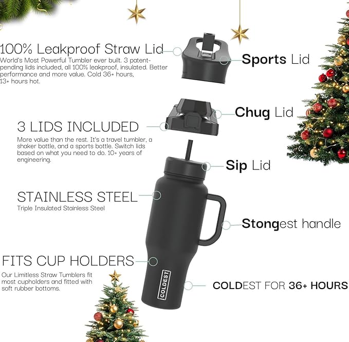 Coldest Tumbler with Handle and Straw - 100% Leak Proof Insulated Tumbler with Lid and Straw (3 Lids) - Stainless Steel Tumblers for Women & Men - Cup Holder Friendly Base, 46 oz (Morning Mist)