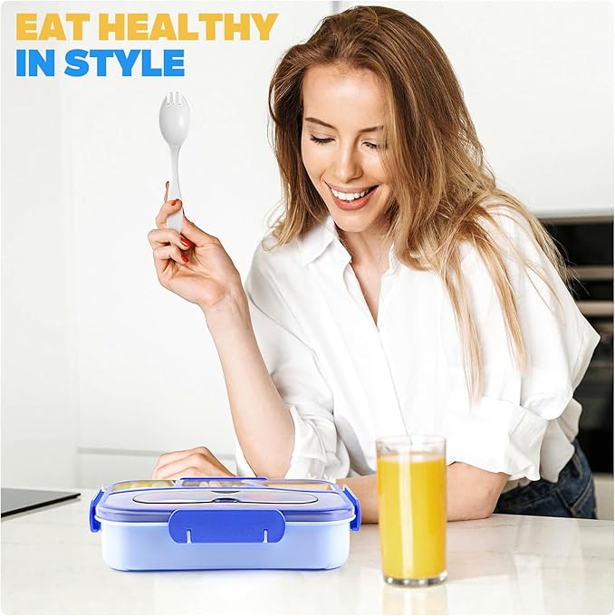 EASYFUN Bento Box Adult, Lunch Box, 4-Compartment Lunch Containers, Drop-Proof, Dishwasher Safe & Made with BPA-Free Materials (Blue)