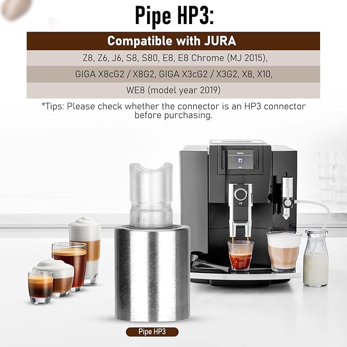 Stainless Steel Milk Pipe Casing with HP3 Adapter, Compatible with Jura Coffee Machine Models:Z8/Z6/Z10/J6/J8/S8/S80/E8/E8 Chrome/GIGA X8cG2/X8G2/GIGA X3cG2 /X3G2/X8/X10/WE8/GIGA 10