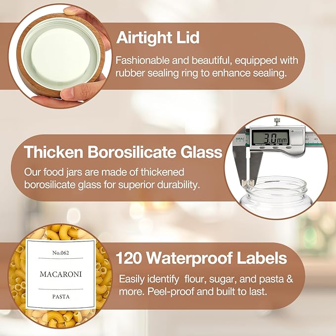 CONNOO 2-Pack 50oz Glass Storage Containers with Wood Lids – 120 Waterproof Labels Included – Tall Airtight Pantry Organizers for Short Pasta, Flour – Modern Kitchen Decor