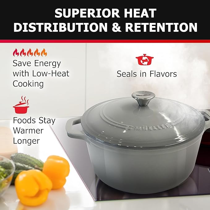 MUELLER HOME 4.5 QT Enameled Cast Iron Dutch Oven, Heavy-Duty Casserole Dish and Braiser Pan with Lid and Stainless Knob, Oven-Safe up to 500° F & Across All Cooktops, Grey