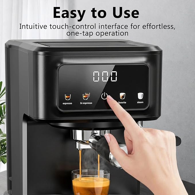 Kndko Espresso Machine, 15 Bar Digital Espresso Maker, Milk Frother Steam Wand for Latte & Cappuccino, Compact Coffee Machine, 1.5L Removable Water Tank, 2 cups dual-stainless steel filter