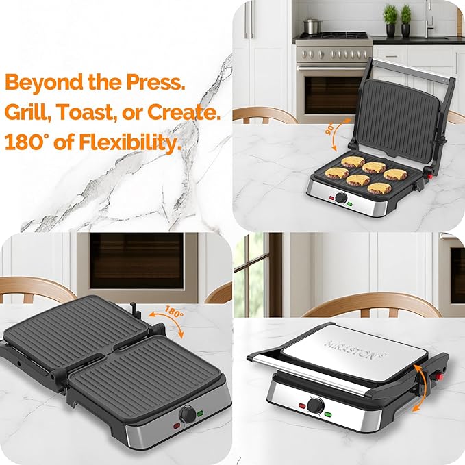 Electric Panini Press Grill and Sandwich Maker / 8.5" x 11" Non-Stick Coated Plates, Opens 180 Degrees to Fit Any Type or Size Food, Dishwasher Safe, Sliver