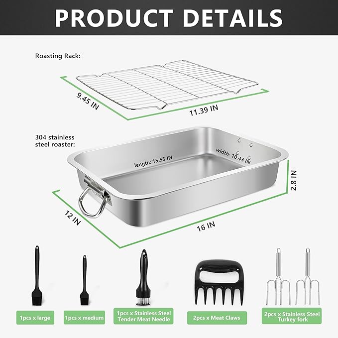 Stainless Steel Turkey Roasting Pan,Heavy Duty Nonstick Surface Roaster Pan Christmas Rectangular Lasagna Cake Baking Pans with Rack,Meat Claws, Turkey Fork,Silicone Brush,Tender Meat Needle