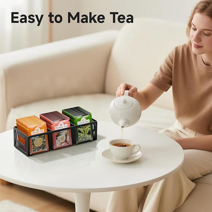 Tea Bag Organizer, Mesh Tea Bag Holder with Handle, Teabag Holder, Tea Station Organizer for Countertop, Pantry, Kitchen, Cabinet - Black