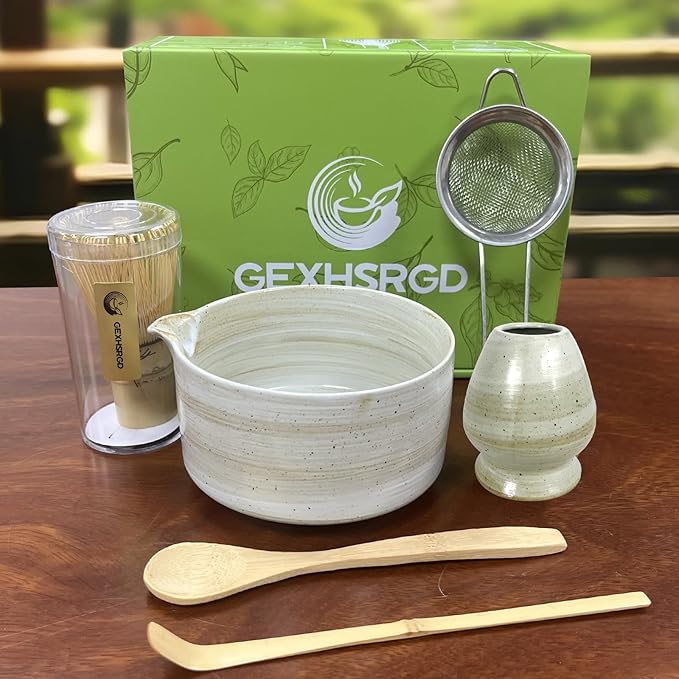 Matcha Whisk Set 6 pc Kit - Traditional Japanese Chasen, Bamboo Whisk Holder, Ceramic Bowl with Spout, Sifter & 2 pc Spoons - matcha kit set, Gift for Matcha Tea Lovers(Gray)