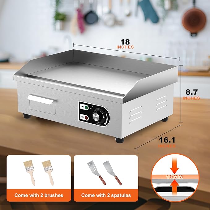 18’’ Commercial Electric Griddle - Electric Cast Iron Griddle w/Stainless Steel Material and Non-Stick, 110V Commercial Griddle w/ 1/2" Thick Iron Cooking Plate for Indoor and Restaurant