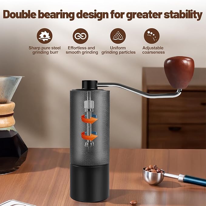 Manual Coffee Grinder Gift Box Non-Detachable Stainless Steel Conical Burr Aluminum Coffee Bean Grinder with 25 Grinding Settings Cleaning Brush Grindable Espresso Moka Pot for Camping Black