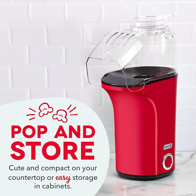 DASH Fresh Pop Popcorn Maker - Oil-Free, Air Popcorn Popper - With Measuring Cup & Recipe Guide - Perfect for Movie Nights - 16 Cups, Red