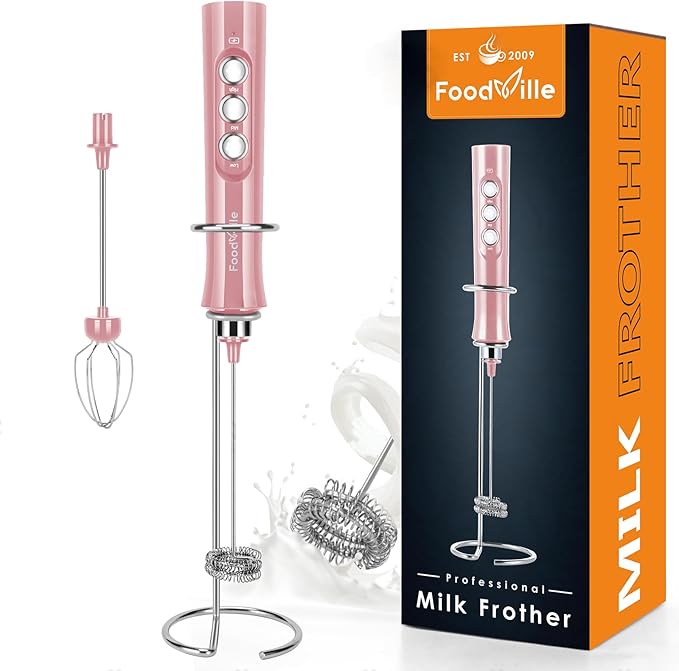 FoodVille MF02 Rechargeable Milk Frother Handheld Foam Maker with Stainless Whisk for Cappuccino, Latte, Bulletproof Coffee, Keto Diet, Protein Powder, Matcha (Coral Pink)