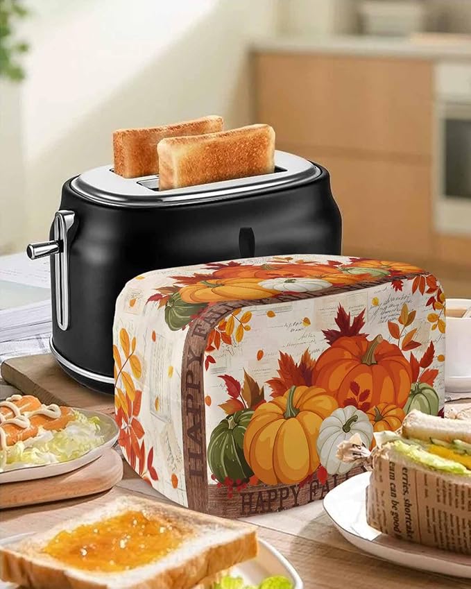 Orange Pumpkins Fall Toaster Cover 4 Slice, Thanksgiving Maple Leaf Dustproof Bakeware Oven Protector with Top Hook, Autumn Retro Waterproof Small Kitchen Appliance Toasters Dust Cover, 12"x11"x8"