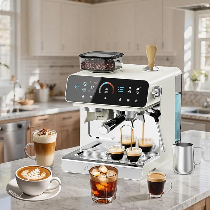 Ollygrin 20 Bar Espresso Machine with Grinder, Espresso Maker with 19 Grinding Settings, Coffee Machine with Pressure Gauge, 94.7Oz Removable Water Tank for Latte & Cappuccino