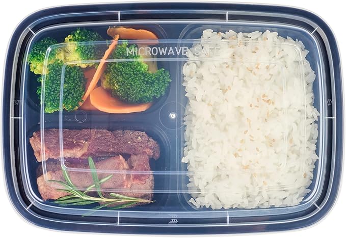 Restaurantware Asporto 26 Ounce Compartment Take Out Boxes 100 Microwavable Meal Prep Containers - 3 Compartments With Clear Plastic Lids Black Plastic Food Containers Do Not Contain BPA