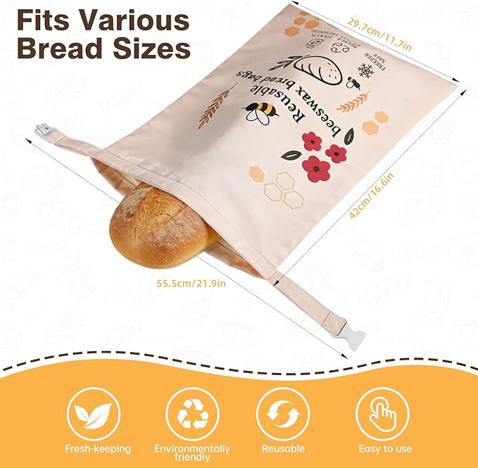 2 Pack XL Reusable Beeswax Bread Bags for Sourdough Baking, Organic Waxed Lined, Cotton Bread Bags for Homemade Bread, Food-Storage Bag to Keep Fresh