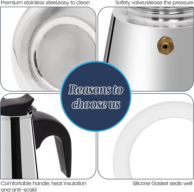 6 Cup Moka Pot Stainless Steel 300ml Italian Espresso Coffee Maker Stovetop CoffeeMakers Mocha Pot Percolator for Induction Stove Classic Cafe Makers Portable for Easy Brewing Tummy
