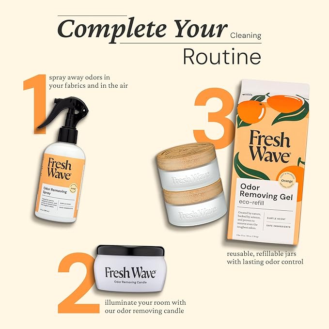 Fresh Wave Odor Removing Gel Eco-Refill, 63 oz. Orange Scent | 2 Empty Refillable Glass Jars | 2 Room Set