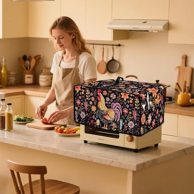 Microwave Oven Cover Air Fryer Toaster Oven Dust Cover with Accessory Pockets, Stain-resistant Small Electric Appliance Protector for Kitchen, S, Rooster Chicken Floral Black