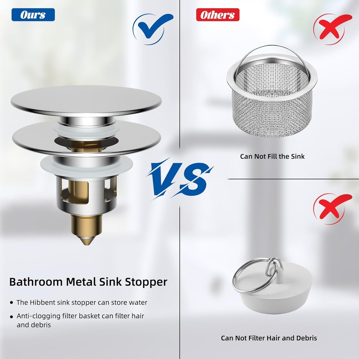 Hibbent 2 Pack All Metal Upgraded Bathroom Sink Stopper, Universal Pop Up Sink Drain Strainer, Brass Bullet Core Push Type Sink Stopper for 1.1''~2.3''' Basin, Anti Clogging Drain Filter, Chrome