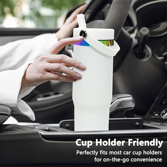 30 oz Tumbler with Handle and Straw, Vacuum Insulated Tumblers with Flip Straw and Top Handle, Leakproof Powder Coated Tumbler, Stainless Steel Travel Mug for Coffee Water (White)