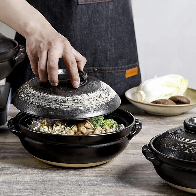 Round Casserole Dish Heat-Resistant Ceramic Casserole With Lid Soup Pot With Soup Pot Oil-Free Saucepan Japanese Donabe Hot Pot With Brushstroke Saucepan With Slow Stew W,B-0.9L