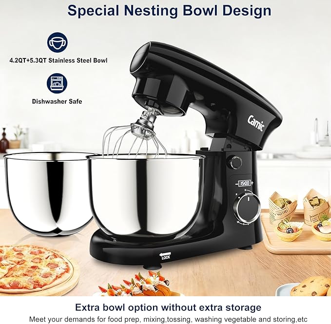 Camic Stand Mixer, 4.2QT+5.3QT Two bowls Electric Food Mixer, 10 Speeds with Digital setting 3-IN-1 Kitchen Mixer for Baking Cakes Cookie Bread Salad with Egg Whisk,Dough Hook,Flat Beater (Black)