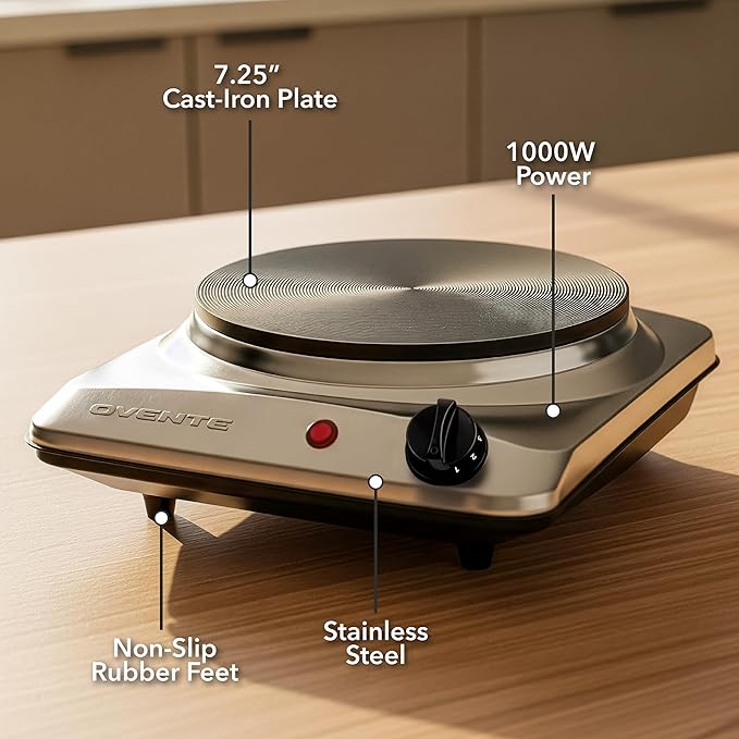 OVENTE Electric Countertop Single Burner, 1000W Cooktop with 7.25 Inch Cast Iron Hot Plate, 5 Level Temperature Control, Compact Cooking Stove and Easy to Clean Stainless Steel Base, Silver BGS101S