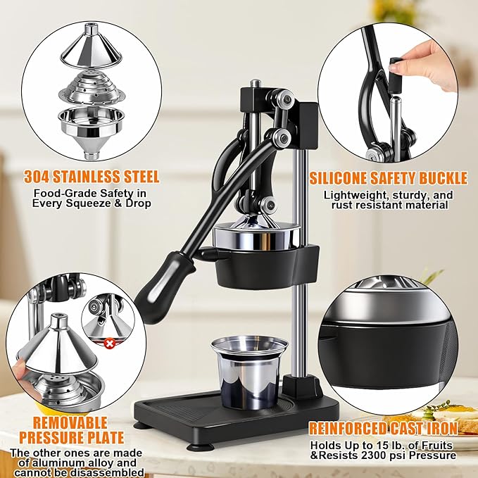 Manual Cast Iron Citrus Juicer,Commercial Hand Press,Heavy Duty Countertop Squeezer for Fresh Orange Lemon Juice,Stable When Pressed,Easy to Use & Clean (black)