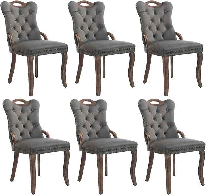 Grey Velvet Dining Chairs Set of 6，Modern Upholstered Dining Room Chairs with Tufted Back and Wood Accents, Curved Solid Wood Legs & Nailhead Trim, Sillas De Comedor Modernas 6