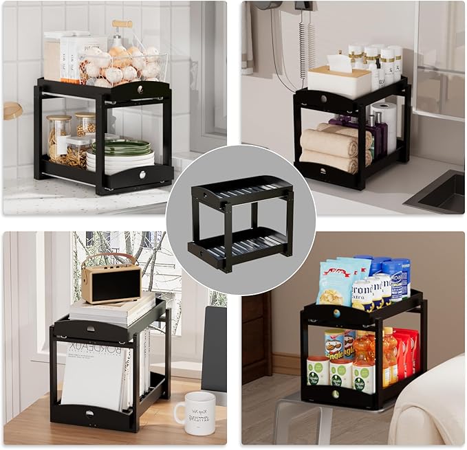 Bamboo Wood Under Sink Organizer 1 Pack, Pull Out Cabinet Organizer 2 Tier Under Sink Organizers and Storage with Sliding Drawer Sturdy Easy Assembly for Kitchen Bathroom Undersink (Black, 2 Packs)