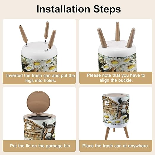 Trash Can with Lid Donkey Nature Farm Animals Seamless Pattern Hand Drawn Watercolor Press Cover Round Small Garbage Bin with Wooden Legs Waste Basket for Kitchen Bedroom Nursery 7L/1.8 Gallon