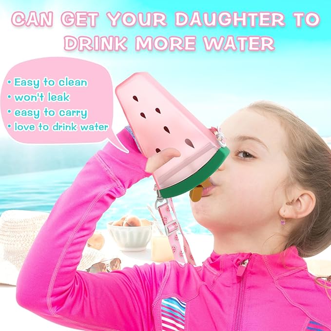 Patelai 8 Pcs 10.5oz Cute Water Bottles with Straw Kawaii Ice Cream Cups Leak Proof Drinking Bottles with Adjustable Shoulder Strap for Sports Travel Camping (Watermelon)