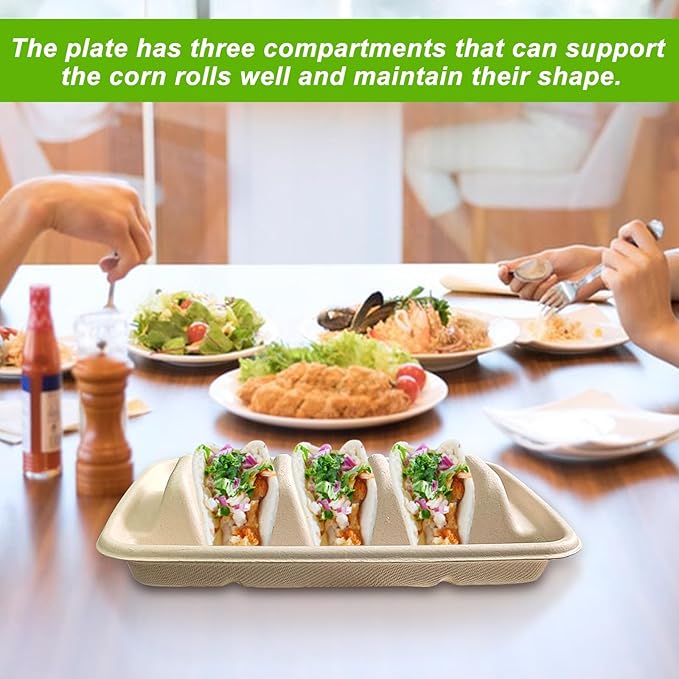 150PCS Disposable Taco Holder for Party，Disposable Taco Plates with 3 Dividers Disposable Taco Holders for Party, Taco Tray Holder, Pulp Fiber Plates Disposable for Taco Tuesday Lazy Susan Taco Bar