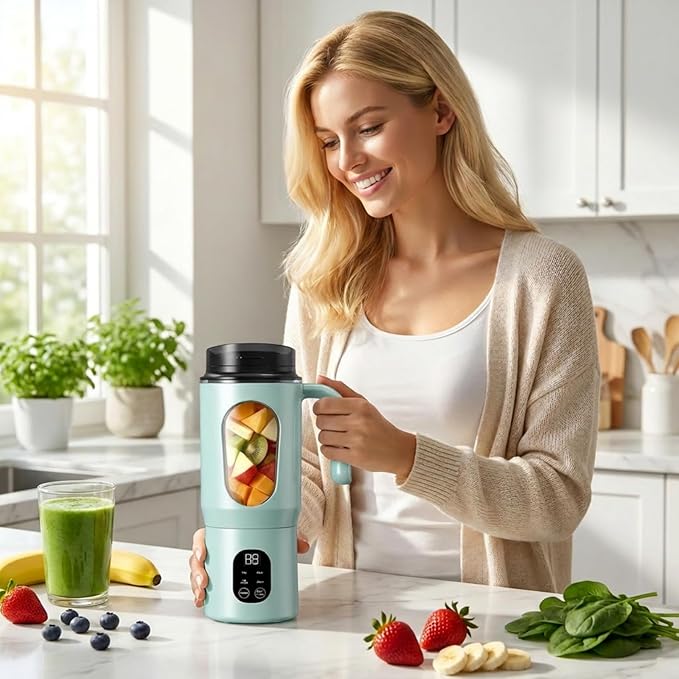 Portable Blender 12-Blades Portable Juicer for Smoothies, 580ml Rechargeable Personal Blenders with Handle & Extra Lid, USB-C Mini Blender Cup for Travel, Office, Gym, BPA-Free (Green)