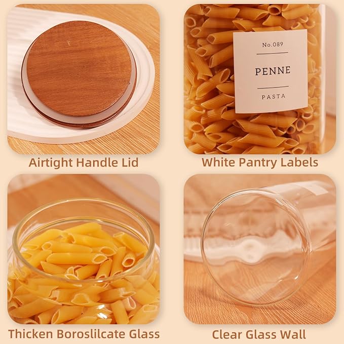 2 Pack Large Glass Flour and Sugar Containers with 132 Pantry Labels - 105 FL OZ Glass Canisters with Bamboo Airtight Lids - Farmhouse Kitchen Glass Pantry Jars for Cookie, Rice, Pasta, Cereal, Salt