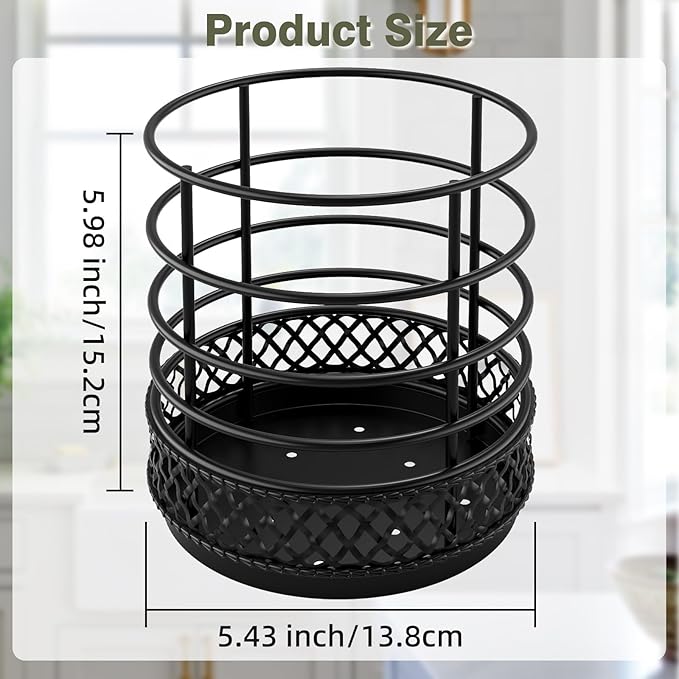 Metal Kitchen Utensil Holder for Kitchen Counter-5.43 x 5.98 inch, Black Utensil Crock for Spatula, Spoon, Fork & Knife, Rustproof Organizer