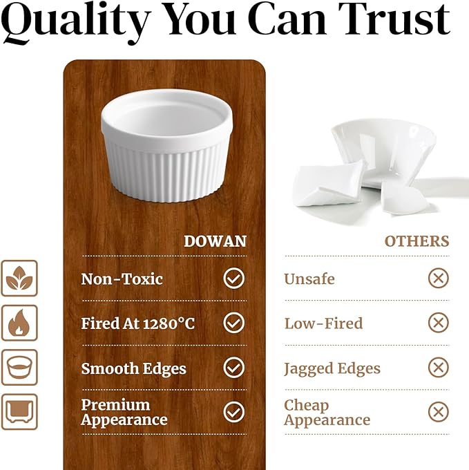 DOWAN 8 oz Ramekins Oven Safe for Creme Brulee, Souffle Dish Baking Bowls, Custard Cups for Pudding Dips Sauce Dessert Yogurt Ice Cream, Ceramic Ramiken Set of 6, Soft White