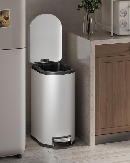 GarveeHome 13 Gal / 50 L Stainless Steel Kitchen Trash Can with Lid, Slim Step-On Garbage Bin, Large Rustproof Metal Trash Can with Soft Close, Inner Bucket & Rear Handle, White