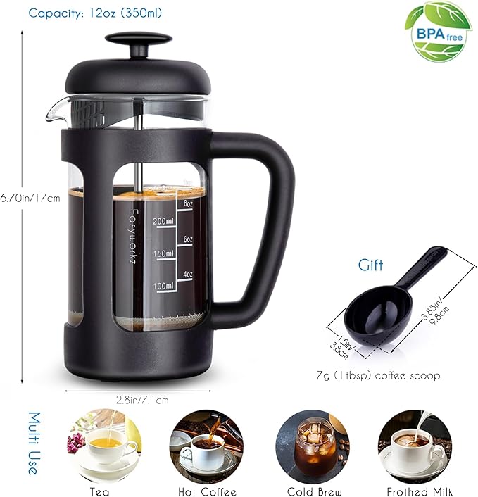 Easyworkz French Press 12 oz, Bundled Manual Coffee Grinder with Airtight Canister