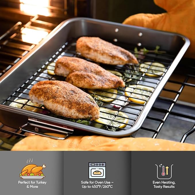 Roasting Pan for Ovens Nonstick Heavy Duty Roasting Pan with Rack Large 11 inch x 15.5 inch For Delicious Family Meals for Cooking Roaster Pan for Meats, Turkey, & Vegetables