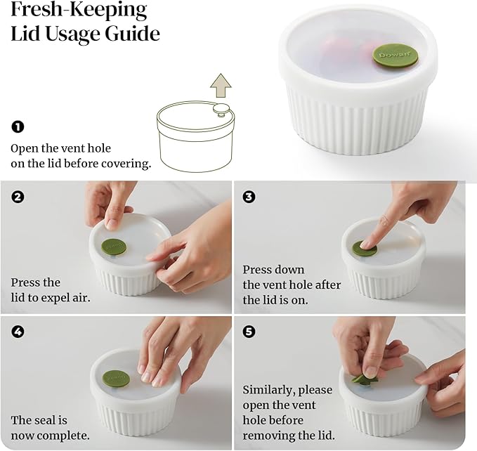 DOWAN Ramekins with lids 4 oz, Creme Brulee Ramiken Oven Safe, Ceramic Baking Bowls Souffle Dishes, Custard Cups Charcuterie Boards Bowls Dipping Sauces, Set of 6, White