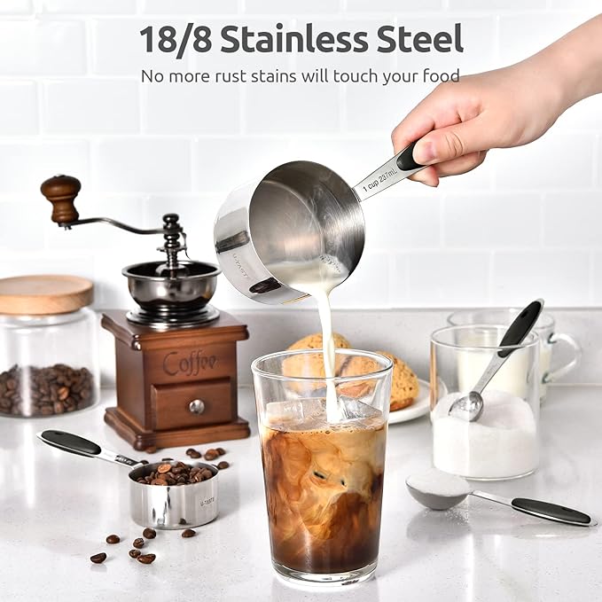 U-Taste 12 Piece Measuring Cups and Spoons Set in 18/8 Stainless Steel, and 18/8 Stainless Steel 3.9 inch 30 Mesh Strainer (Black)