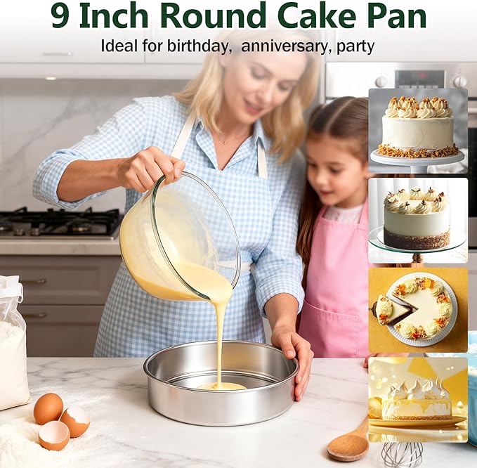 P&P CHEF 9 Inch Cake Pan Set of 4, 4 Pieces Round Layer Cake Baking Pans, Stainless Steel Smash Cake Tin Bakeware for Cooking Steaming, Nontoxic & Sturdy, Oven & Dishwasher Safe