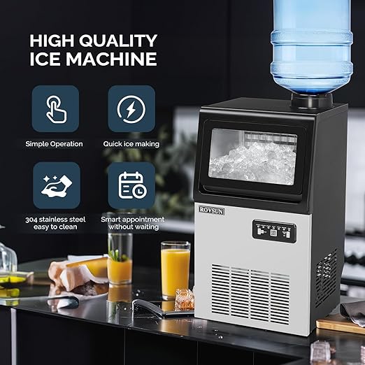ROVSUN 90LBS/24H Commercial Ice Maker with 2 Water Inlets, Stainless Steel Ice Machine Countertop & Freestanding for Restaurant Bar with 11lbs Storage Bin, Ice Scoop, Drain Pipe & Water Filter