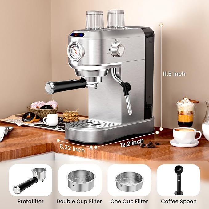 Espresso Machine with Milk Frother, 20 Bar Stainless Steel Coffee Machine, Espresso Maker with 34oz Removable Water Tank for Home, Office, Women or Men