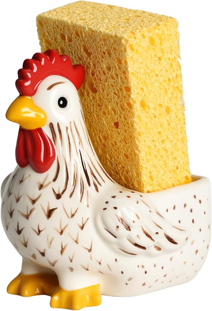 Ceramic Retro White Rooster Shape Sponge Holder for Kitchen Sink, Compact Sink Caddy Organizer, Scouring Pad and Dish Sponge Holder, A