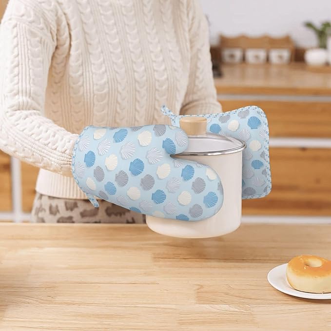 Oven Mitts and Pot Holders Summer Seashell Blue Pastel Silicone Kitchen Accessories Set of 4 Heat Resistant Long Gloves Potholder Non-Slip Grip for Chef Baking Cooking Grilling BBQ