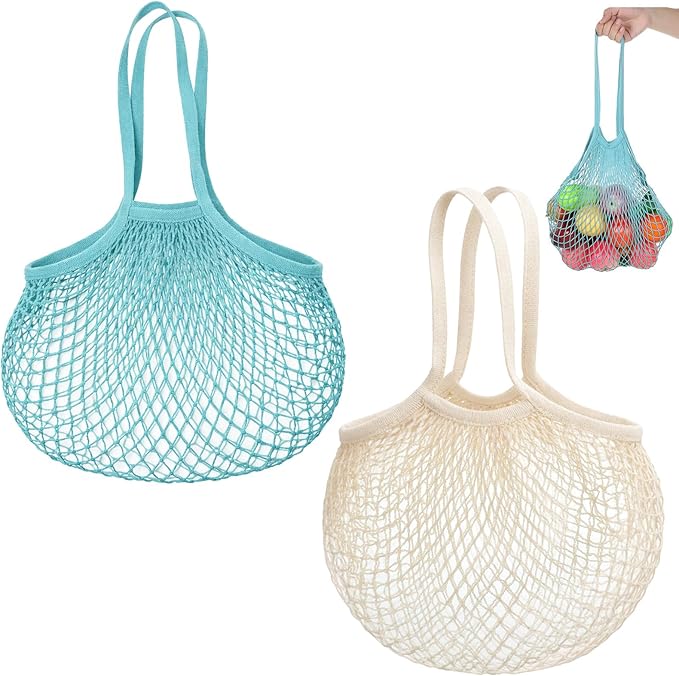 Thinp 2 Pcs Cotton Mesh Produce Bags, Reusable Mesh Grocery Bag with Long Handle Net Tote Cotton String Shopping Bag for Fruit Vegetables Market Shopping
