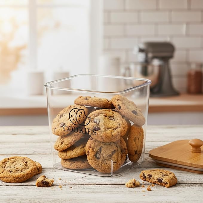 Cookie Jars with Wooden Lids Airtight, 2L Plastic Cookie Tin, Wide Mouth Candy Jar, Kitchen Counter Food Storage Container, Cute Jar for Gift Giving, BPA-Free, Clear