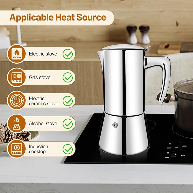 No Coating 6 Cup Thickened 304 Stainless Steel Moka Pot Stovetop Espresso Maker Italian Coffee Machine 300ml 10.1oz Suitable for Gas Induction Stovetop Greca Coffee Maker Percolator